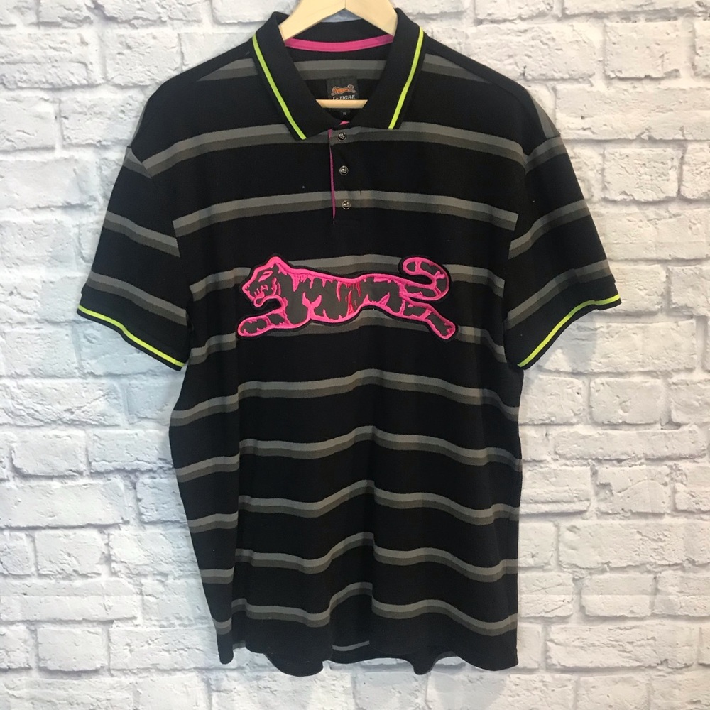 Le Tigre Ellison Logo Polo Shirt Black Pink Mens Size XL Embroidered Large Tiger